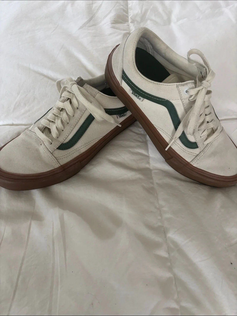Vans Cream Suede Low-Top Sneakers with Green Stripe and Brown Sole